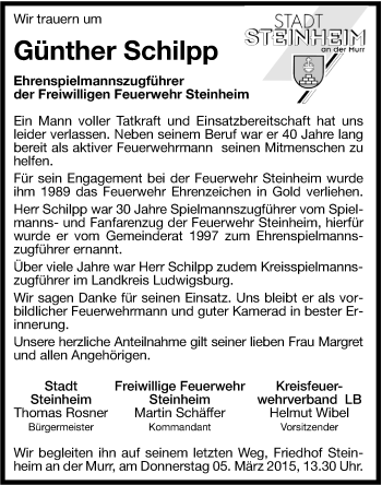 Traueranzeige von Günther Schilpp von Marbacher Zeitung
