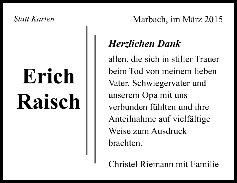  Traueranzeige für Erich Raisch vom 09.04.2015 aus Marbacher Zeitung