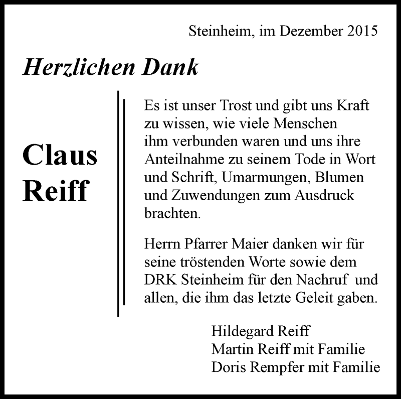  Traueranzeige für Claus Reiff vom 03.12.2015 aus Marbacher Zeitung