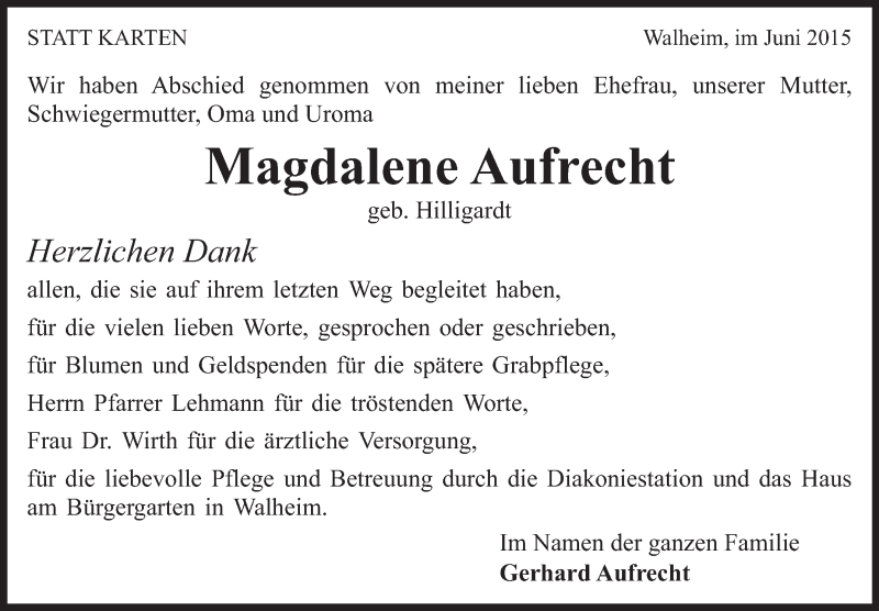  Traueranzeige für Magdalene Aufrecht vom 26.06.2015 aus Marbacher Zeitung