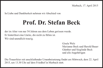 Traueranzeige von Stefan Beck von Marbacher Zeitung