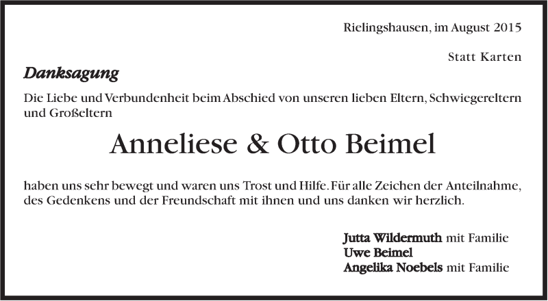  Traueranzeige für Anneliese und Otto Beimel vom 29.08.2015 aus Marbacher Zeitung