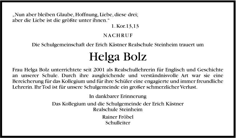  Traueranzeige für Helga Bolz vom 27.10.2014 aus Marbacher Zeitung