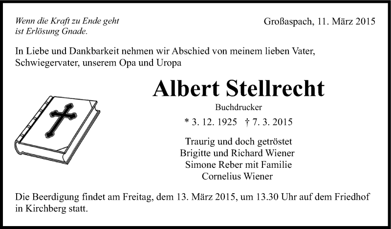  Traueranzeige für Albert Stellrecht vom 11.03.2015 aus Marbacher Zeitung