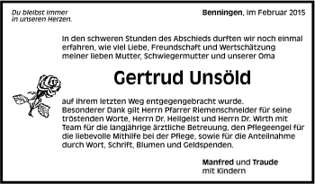 Traueranzeige von Gertrud Unsöld von Marbacher Zeitung