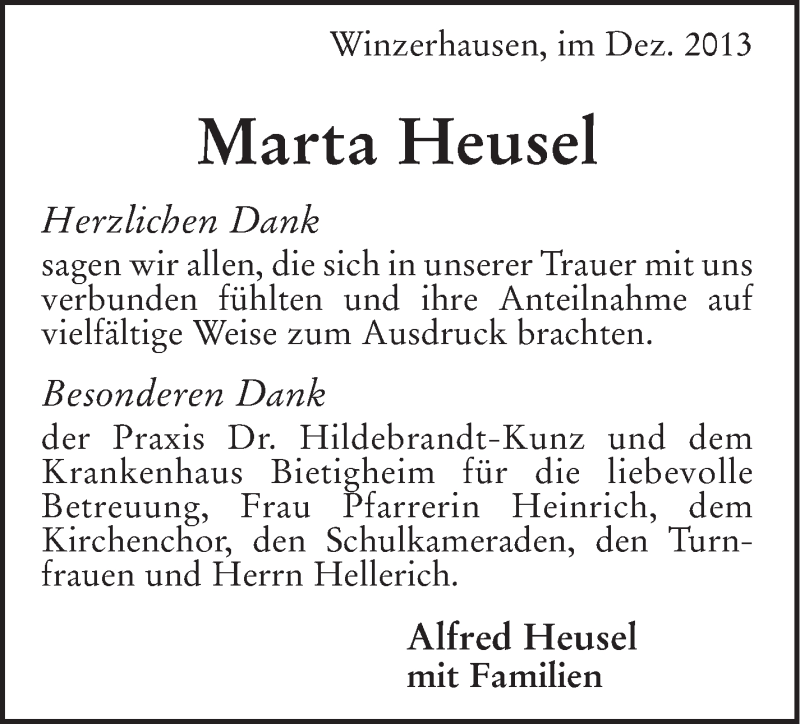  Traueranzeige für Marta Heusel vom 20.12.2013 aus Marbacher Zeitung
