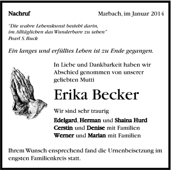 Traueranzeige von Erika Becker von Marbacher Zeitung