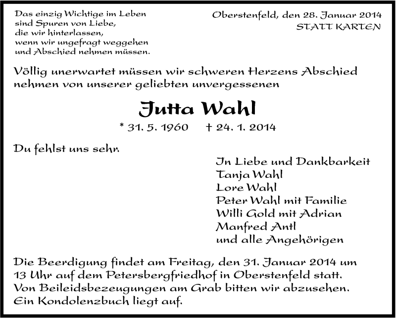  Traueranzeige für Jutta Wahl vom 28.01.2014 aus Marbacher Zeitung