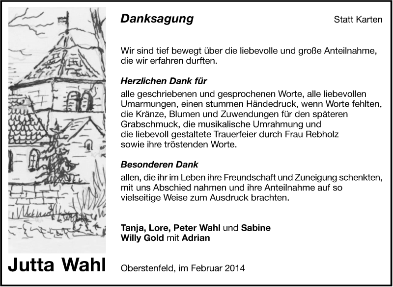 Traueranzeige für Jutta Wahl vom 14.02.2014 aus Marbacher Zeitung