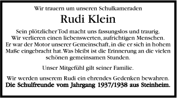 Traueranzeige von Rudi Klein von Marbacher Zeitung