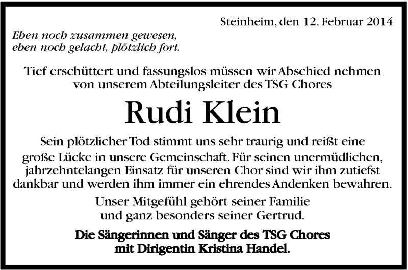  Traueranzeige für Rudi Klein vom 18.02.2014 aus Marbacher Zeitung