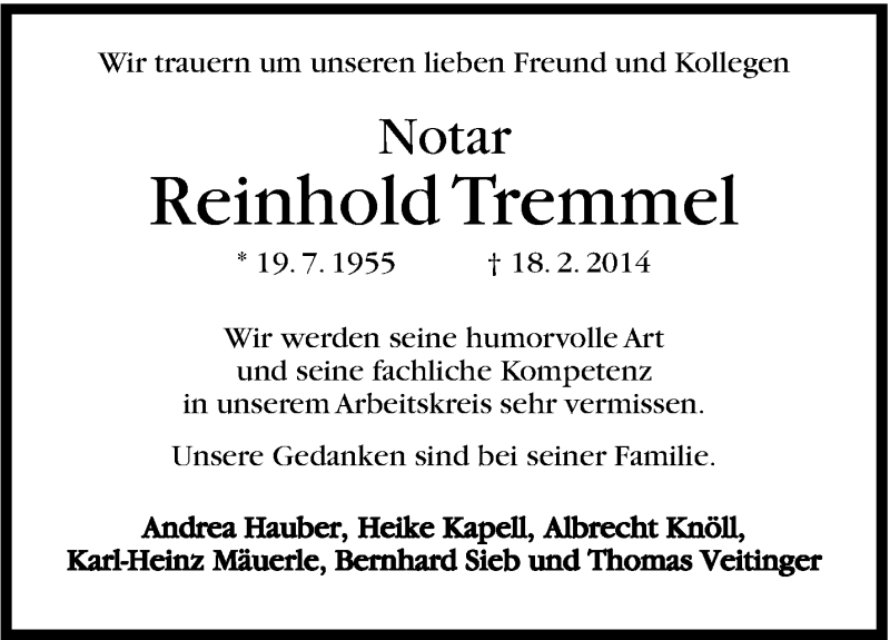  Traueranzeige für Reinhold Tremmel vom 21.02.2014 aus Marbacher Zeitung