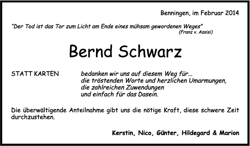  Traueranzeige für Bernd Schwarz vom 19.02.2014 aus Marbacher Zeitung