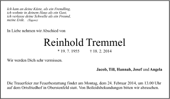 Traueranzeige von Reinhold Tremmel von Marbacher Zeitung