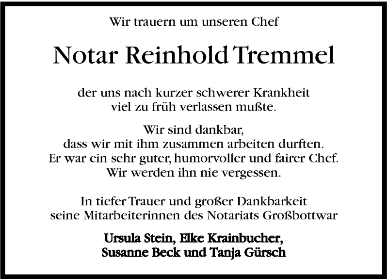  Traueranzeige für Reinhold Tremmel vom 22.02.2014 aus Marbacher Zeitung