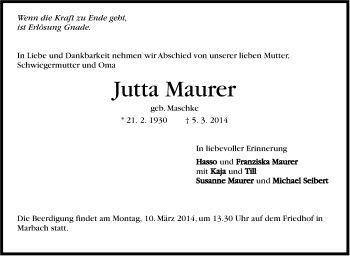 Traueranzeige von Jutta Maurer von Marbacher Zeitung