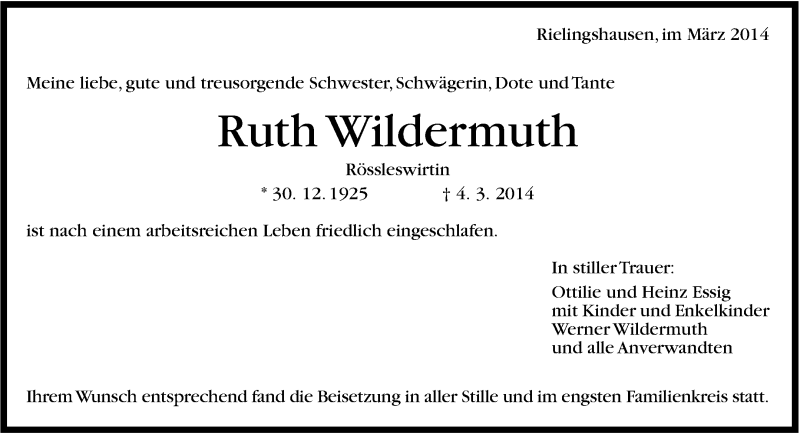  Traueranzeige für Ruth Wildermuth vom 14.03.2014 aus Marbacher Zeitung
