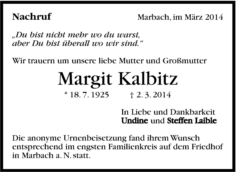  Traueranzeige für Margit Kalbitz vom 19.03.2014 aus Marbacher Zeitung