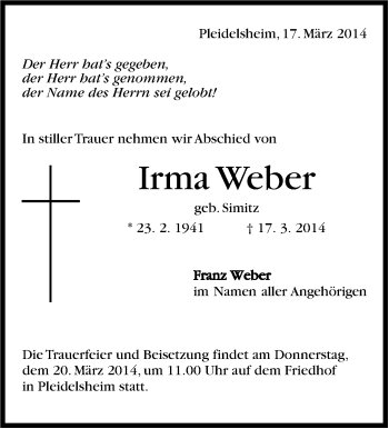 Traueranzeige von Irma Weber von Marbacher Zeitung