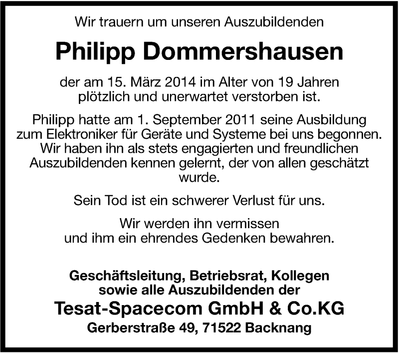  Traueranzeige für Philipp Dommershausen vom 21.03.2014 aus Marbacher Zeitung