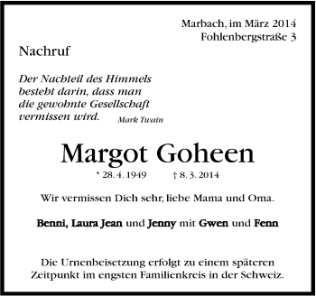Traueranzeige von Margot Goheen von Marbacher Zeitung