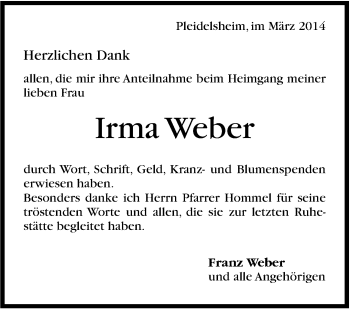 Traueranzeige von Irma Weber von Marbacher Zeitung