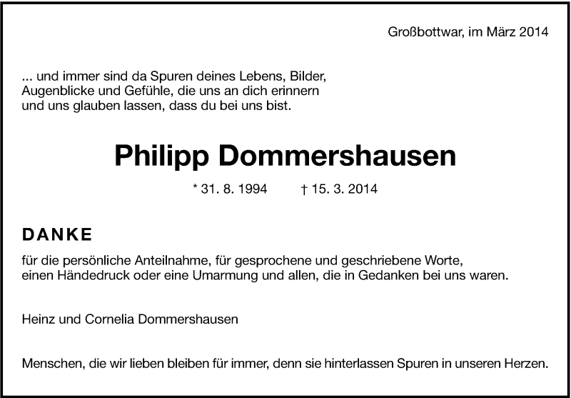  Traueranzeige für Philipp Dommershausen vom 29.03.2014 aus Marbacher Zeitung