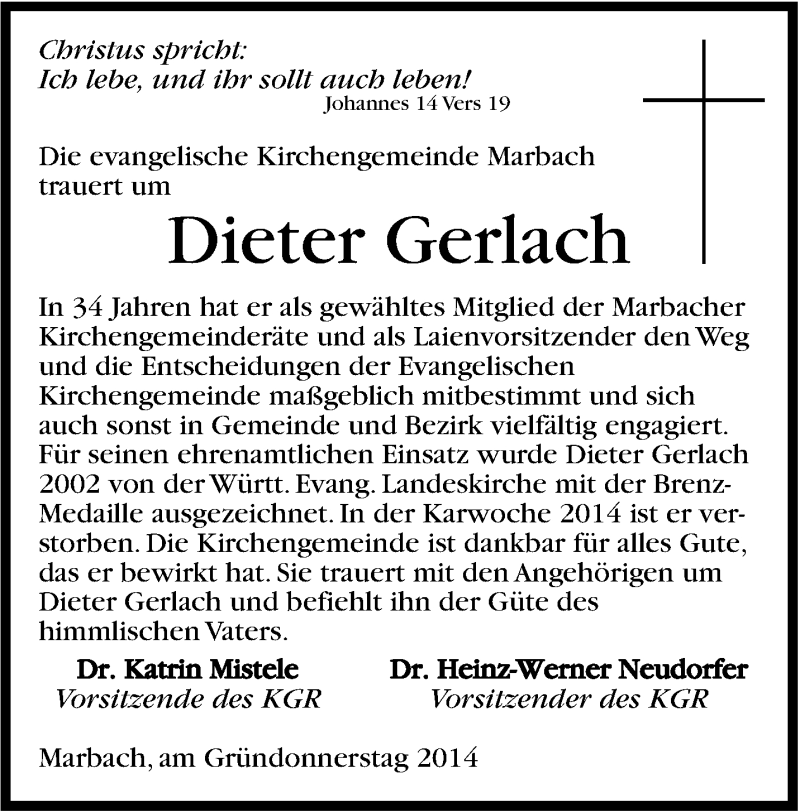  Traueranzeige für Dieter Gerlach vom 26.04.2014 aus Marbacher Zeitung