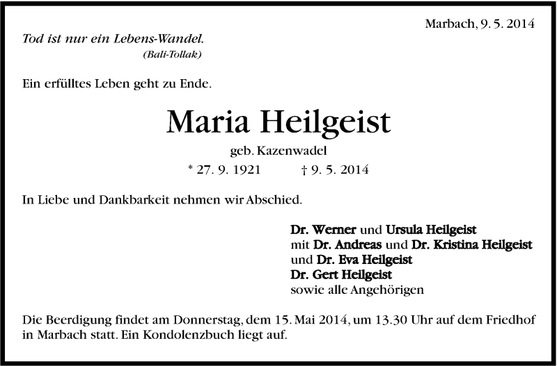  Traueranzeige für Maria Heilgeist vom 10.05.2014 aus Marbacher Zeitung