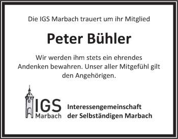 Traueranzeige von Peter Bühler von Marbacher Zeitung