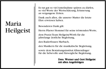 Traueranzeige von Maria Heilgeist von Marbacher Zeitung