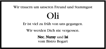 Traueranzeige von Oli  von Marbacher Zeitung