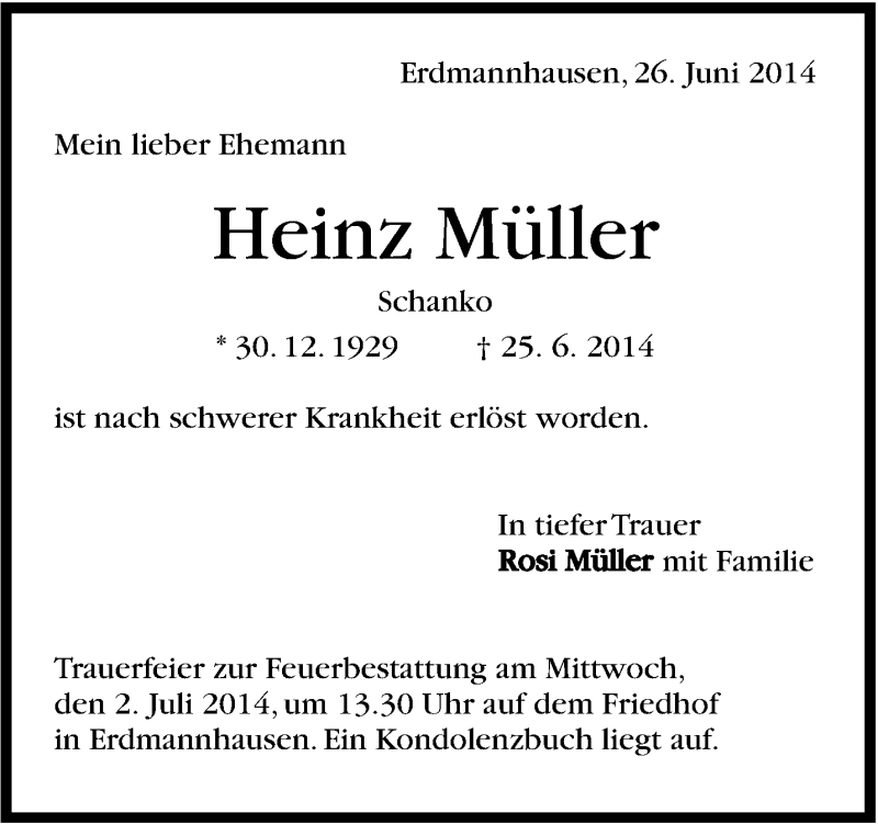  Traueranzeige für Heinz Müller vom 28.06.2014 aus Marbacher Zeitung