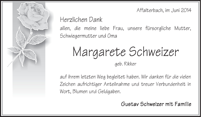 Traueranzeige für Margarete Schweizer vom 26.06.2014 aus Marbacher Zeitung