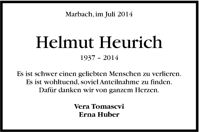  Traueranzeige für Helmut Heurich vom 05.07.2014 aus Marbacher Zeitung