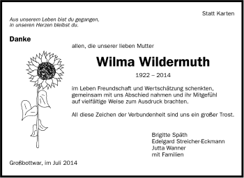 Traueranzeige von Wilma Wildermuth von Marbacher Zeitung