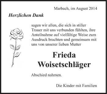 Traueranzeige von Frieda Woisetschläger von Marbacher Zeitung