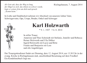 Traueranzeige von  Karl  Holzwarth von Marbacher Zeitung