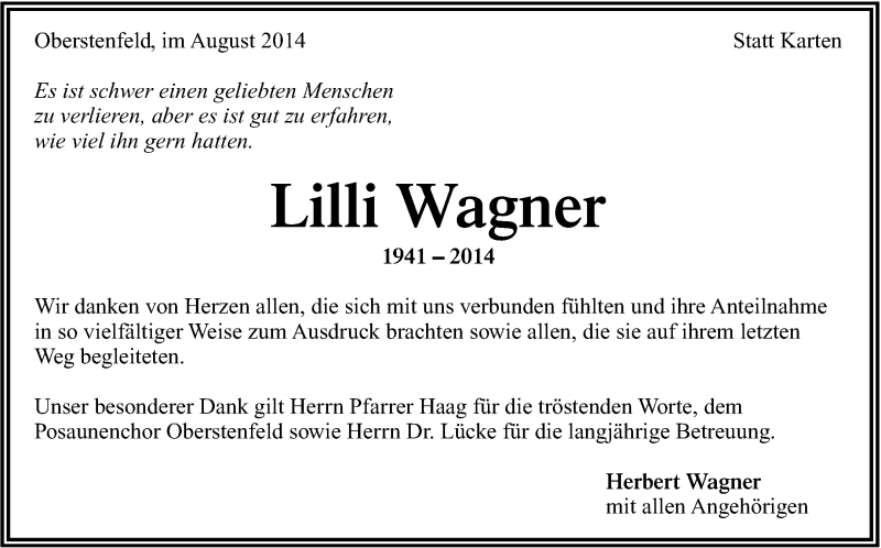  Traueranzeige für Lilli Wagner vom 30.08.2014 aus Marbacher Zeitung