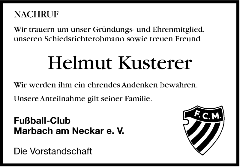  Traueranzeige für Helmut Kusterer vom 20.09.2014 aus Marbacher Zeitung