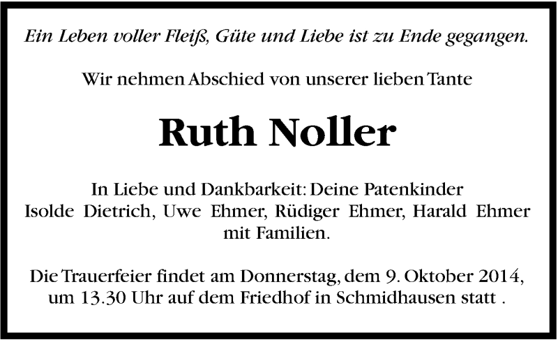  Traueranzeige für Ruth Noller vom 04.10.2014 aus Marbacher Zeitung