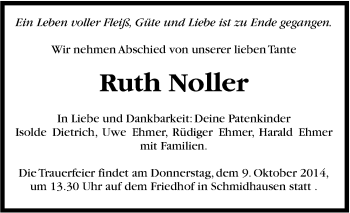 Traueranzeige von Ruth Noller von Marbacher Zeitung