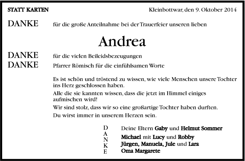  Traueranzeige für Andrea  vom 09.10.2014 aus Marbacher Zeitung