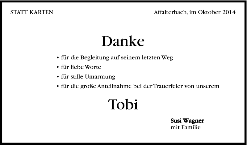  Traueranzeige für Tobias Wagner vom 16.10.2014 aus Marbacher Zeitung