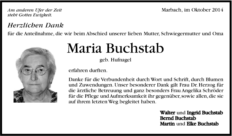  Traueranzeige für Maria Buchstab vom 25.10.2014 aus Marbacher Zeitung