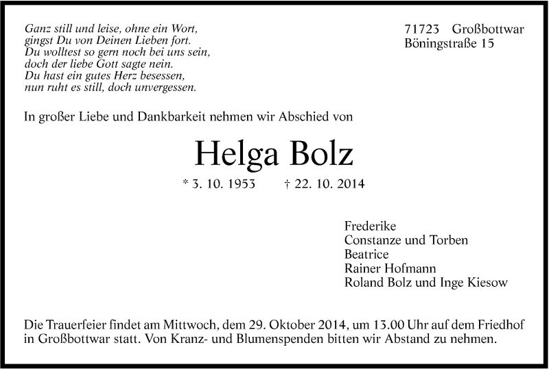  Traueranzeige für Helga Bolz vom 25.10.2014 aus Marbacher Zeitung