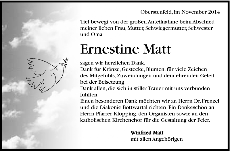  Traueranzeige für Ernestine Matt vom 07.11.2014 aus Marbacher Zeitung