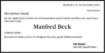 Traueranzeige von Manfred Beck von Marbacher Zeitung