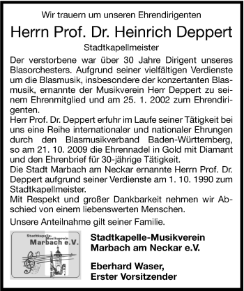 Traueranzeige von Heinrich Deppert von Marbacher Zeitung