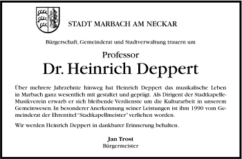 Traueranzeige von Heinrich Deppert von Marbacher Zeitung